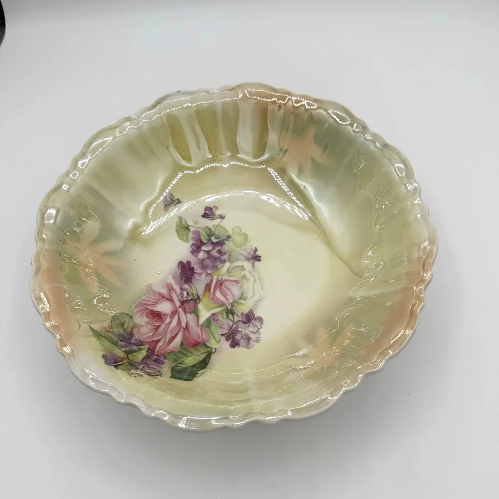 Vtg German Lusterware Porcelain Serving Bowl Yellow Cabbage Rose Grannycore‎